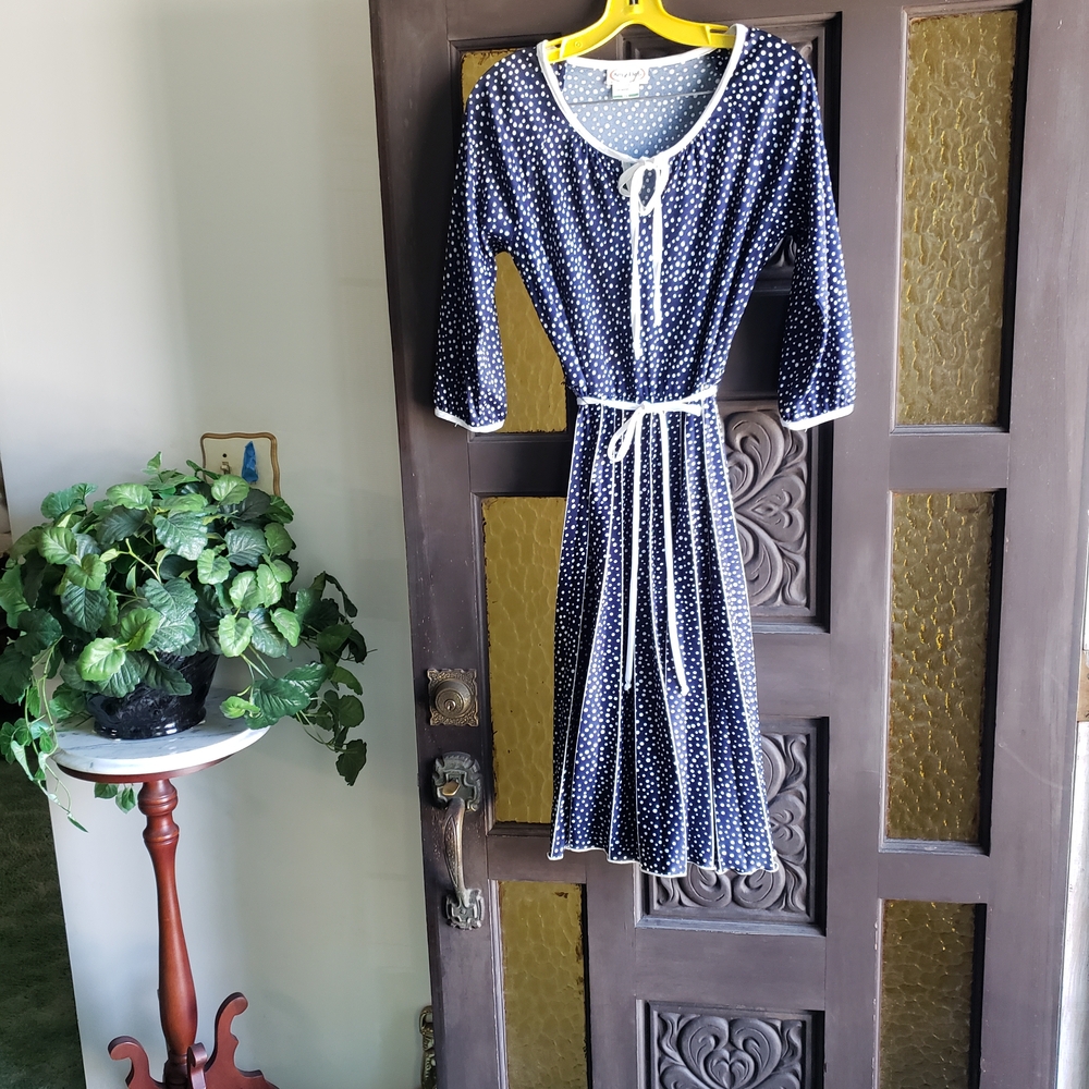 Vintage Navy Long Sleeve Dress with White Polka Dots